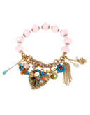 Betsey Johnson Weave and Sew Woven Bead and Flower Heart Multi Charm Half Stretch Bracelet - MULTI COLOURED