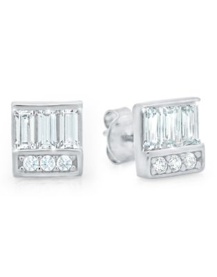Crislu Channel Baguette and Diamond Stack Sterling Silver Finished in Pure Platinum Cubic Zirconia Stud Ear - PLATINUM