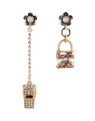 Betsey Johnson Wanderlust Pave Key and Lover Lock Mismatch Drop Earring - CRYSTAL