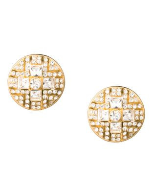 Carolee Golden Dreams Deco Crystal Button Pierced Earrings Gold Tone Crystal Earring - GOLD