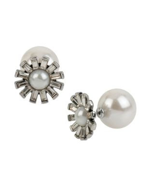 Betsey Johnson Something New Faux Pearl Flower Front and Back Earring - CRYSTAL