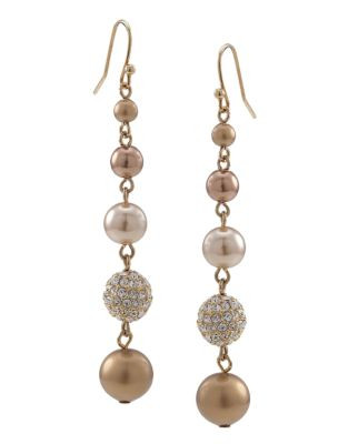 Carolee Gold Crystal and Pearl Linear Drop Pierced Earrings - BEIGE