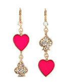 Betsey Johnson Casino Royale Pink Heart and Pave Double Drop Mismatch Earring - PINK