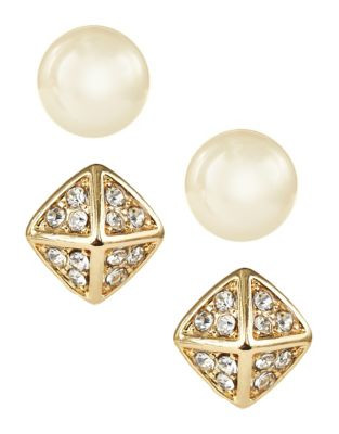 Kensie Pearl and Pave Crystal Stud Earring Set - WHITE