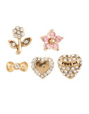 Betsey Johnson Pave Heart and Flower 5 Stud Earring Set - CRYSTAL