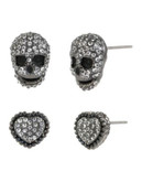 Betsey Johnson Heart and Skull Stud Earring Set - CRYSTAL