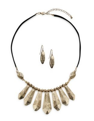 Expression Hammered Feather Necklace and Earrings Set - GOLD