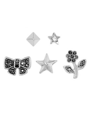 Betsey Johnson Pave Bow and Flower 5 Stud Earring Set - BLACK