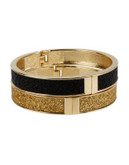 Betsey Johnson Black and Gold Glitter Hinged Bangle Bracelet Set - BLACK/GOLD