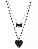 Betsey Johnson Black Heart and Bow 2 Row Necklace - BLACK