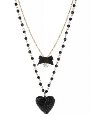 Betsey Johnson Black Heart and Bow 2 Row Necklace - BLACK