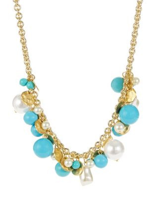 Kenneth Jay Lane Turquoise Resin and Faux Pearl Necklace - BLUE