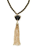 Guess Gold Tone Black Ribbon And Triangle Pendant Tassel Necklace - BLACK