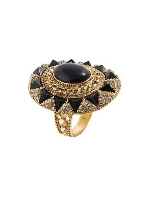 House Of Harlow 1960 Wari Ruins Jet and Goldtone Filigree Cocktail Ring - GOLD - 7
