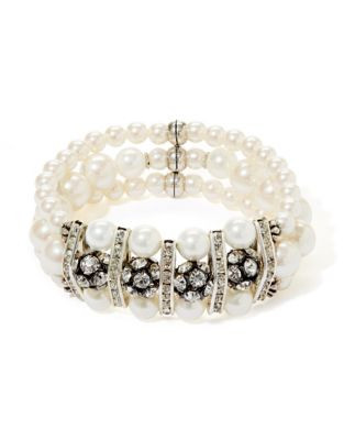 Rita D Three Strand Stretch Pearl Bracelet with Crystal Accents - PEARL