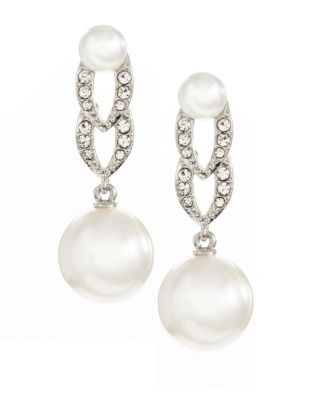 Nadri Faux Pearl and Pave Linear Earrings - RHODIUM