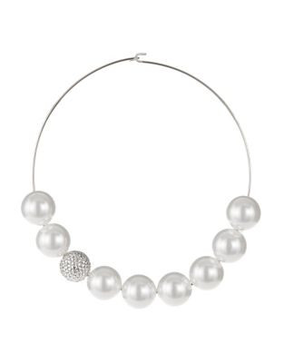 Kenneth Jay Lane Faux Pearl and Pave Wire Necklace - SILVER