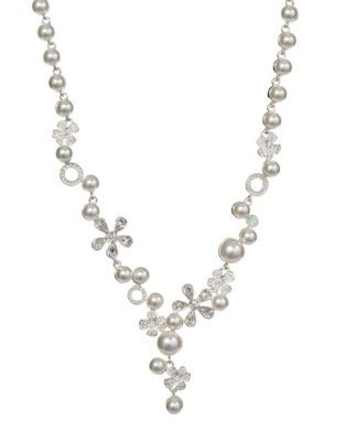 Mmcrystal Crystal Flower and Pearl Necklace - WHITE - 1