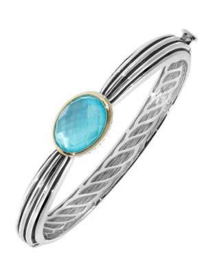 Fine Jewellery Blue Quartz and Mother of Pearl Doublet Two Tone Bangle - TURQUOISE