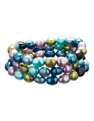 Honora Style Set of 3 Peacock Baroque Cultured Pearl Stretch Bracelets - MULTI COLOURED