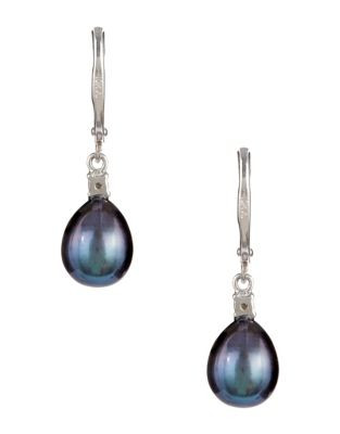 Fine Jewellery 10K White Gold Diamond And Half Drill Pearl Earrings - BLUE
