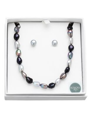 Honora Style 8MM-9MM Black Tie Pearl Earrings and Necklace Set - MULTI COLOURED