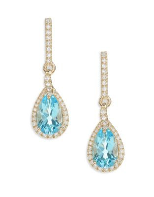 Fine Jewellery 14K Yellow Gold Blue Topaz 0.15 ctw Diamond Teardrop Earrings - BLUE