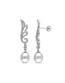 Concerto Sterling Silver Freshwater Pearl and 0.10 TCW Diamond Scroll Earrings - WHITE