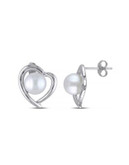 Concerto White Pearl 0.04 tcw Diamond and Sterling Silver Heart Stud Earrings - WHITE