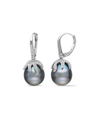 Concerto 12-12.5mm Black Tahitian Pearl Sterling Silver and 0.37 CT TGW White Topaz Accent Dangle Earrings - PEARL