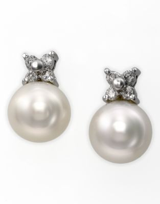 Effy 14k White Gold Diamond and Fresh Water Pearl Earrings - PEARL