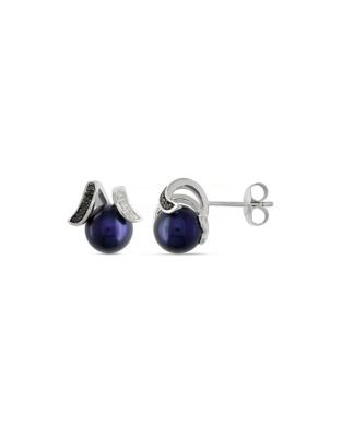 Concerto Sterling Silver Black Freshwater Pearl Black and White 0.06 TCW Diamond Stud Earrings - BLACK
