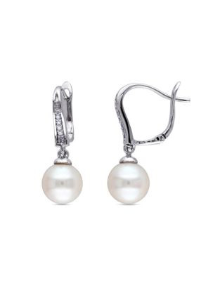 Concerto Sterling Silver 0.05 TCW Diamond and Freshwater Pearl Drop Earrings - WHITE