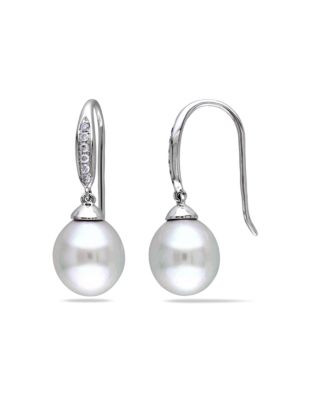 Concerto .125 CT Diamond TW 8.5 - 9 MM White South Sea Pearl Charm 14k White Gold Earrings - PEARL