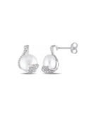 Concerto Sterling Silver Freshwater Pearl and 0.10 TCW Diamond Petal Earrings - WHITE