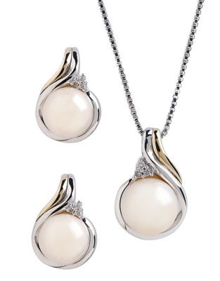 Fine Jewellery 14K Yellow Gold and Sterling Silver 0.36ct Diamond and Pearl Earring and Pendant Set - PEARL