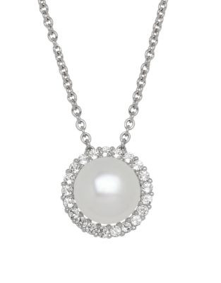 Honora Style Pearl and Topaz Halo Necklace - WHITE
