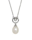 Honora Style Button Pearl and Diamond Pendant Necklace - WHITE