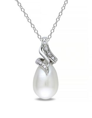 Concerto Sterling Silver Freshwater Pearl and 0.04 TCW Diamond Swirl Necklace - WHITE