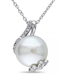 Concerto Sterling Silver Freshwater Pearl and 0.10 TCW Diamond Petal Necklace - WHITE