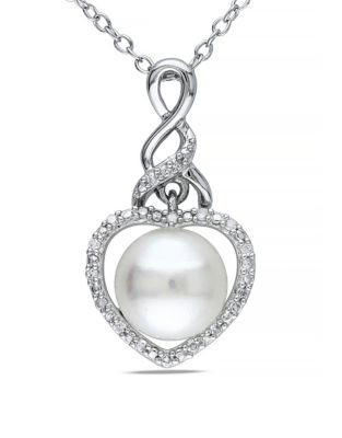 Concerto Sterling Silver Freshwater Pearl and 0.07 TCW Diamond Heart Necklace - WHITE