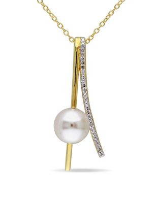 Concerto Yellow-Plated Sterling Silver Freshwater Pearl and 0.06 TCW Diamond Linear Necklace - WHITE