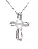 Concerto White Pearl and Sterling Silver Cross Pendant Necklace - WHITE