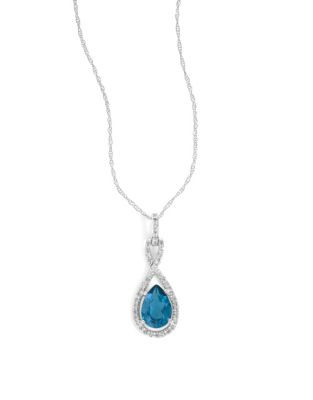 Fine Jewellery 14k White Gold Teardrop Topaz and Diamond Necklace - BLUE
