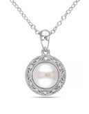 Concerto Sterling Silver Freshwater Pearl and 0.03 TCW Diamond Halo Necklace - WHITE