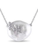 Concerto Sterling Silver Keshi Pearl and 0.05 TCW Diamond Flower Necklace - WHITE