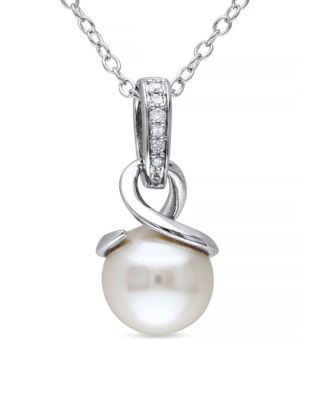 Concerto Sterling Silver Freshwater Pearl and 0.03 TCW Diamond Drop Necklace - WHITE