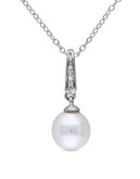 Concerto Sterling Silver 0.02 TCW Diamond and Freshwater Pearl Drop Necklace - WHITE