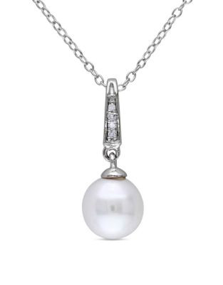 Concerto Sterling Silver 0.02 TCW Diamond and Freshwater Pearl Drop Necklace - WHITE