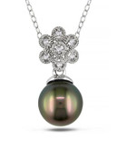 Concerto 0.025 TCW Diamond and Black Tahitian Pearl Flower Necklace - PEARL
